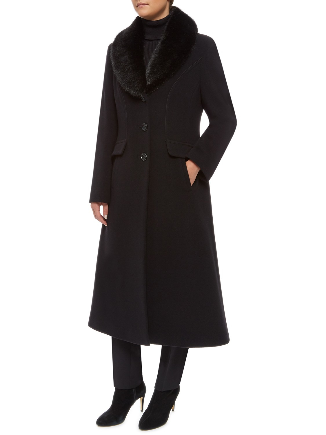 Precis petite Long Wool Faux Fur Collar Coat in Black | Lyst