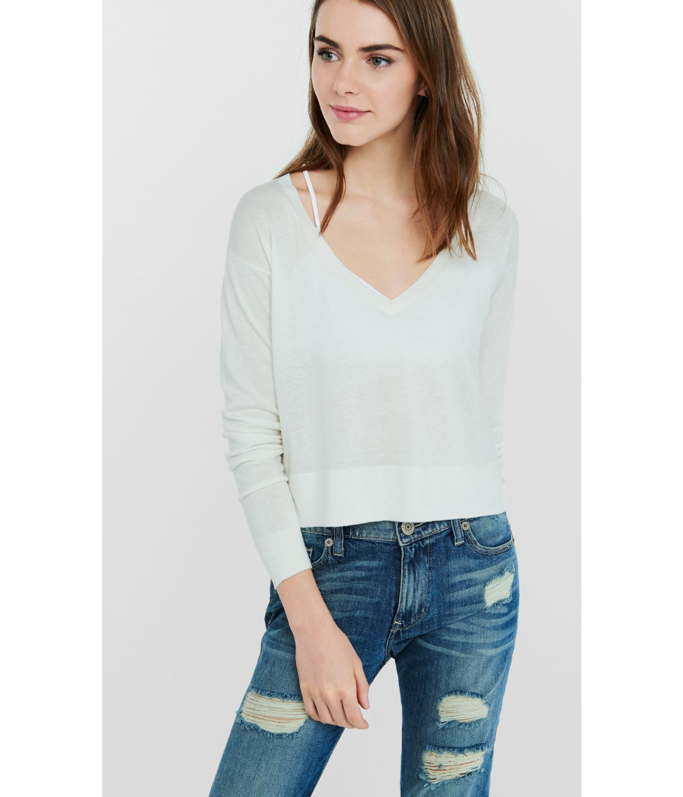 Lyst Express Deep V Neck Cut Out Zip Back Abbreviated Sweater In White