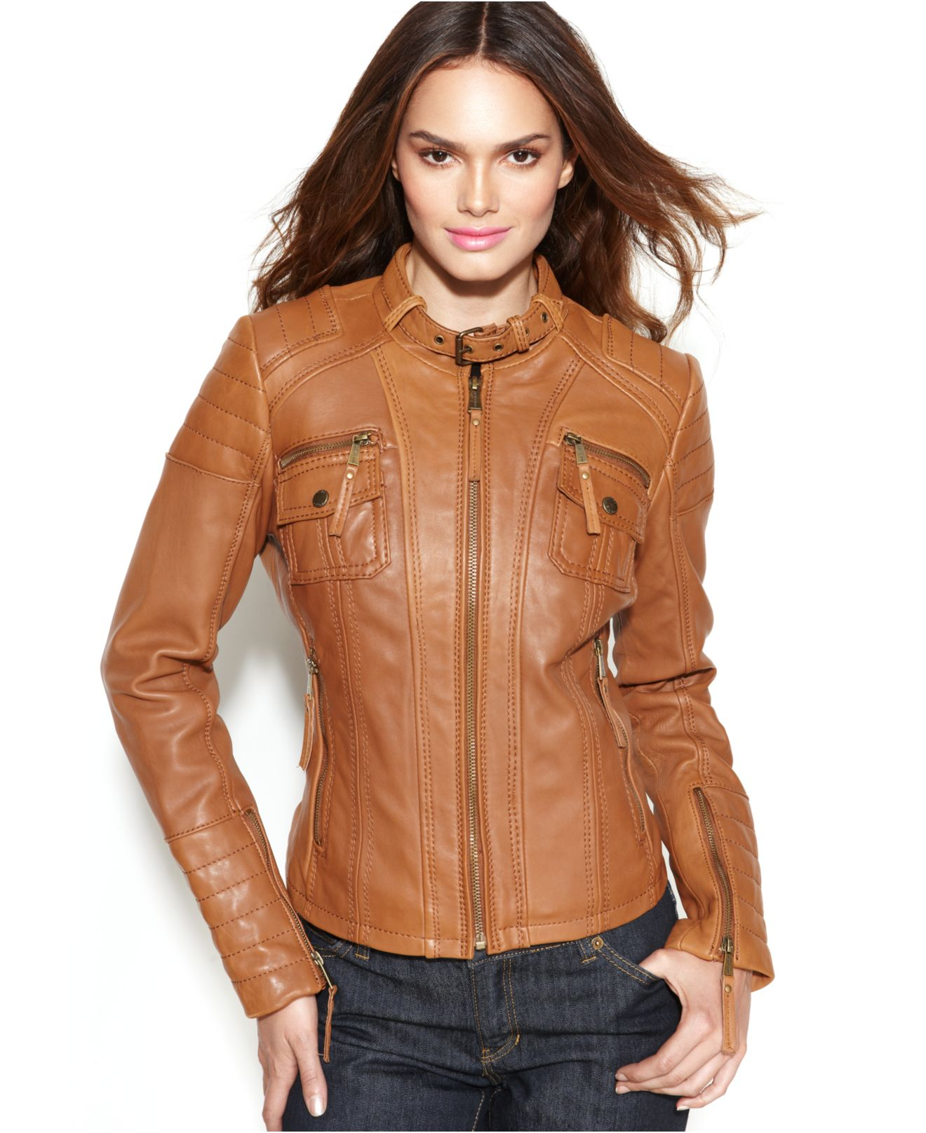 Michael Kors Michael Leather Buckle-Collar Motorcycle Jacket in Brown ...