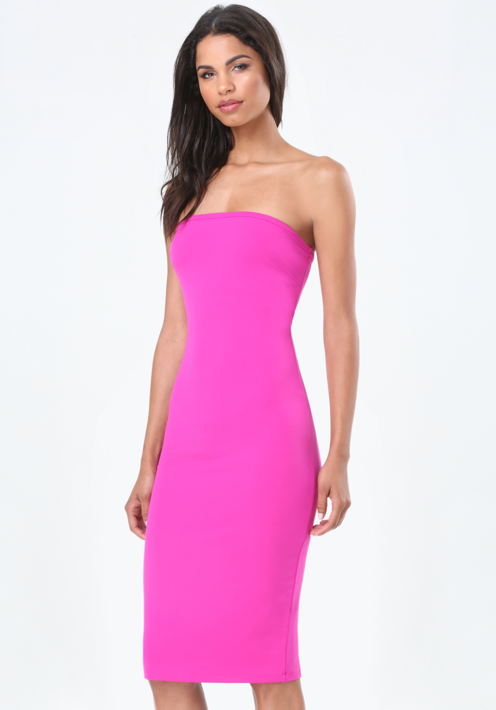 pink strapless midi dress