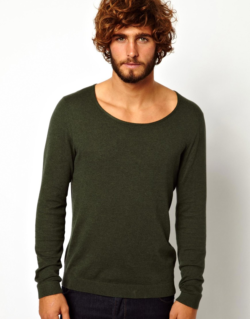 ASOS Scoop Neck Sweater In Cotton in Green for Men | Lyst