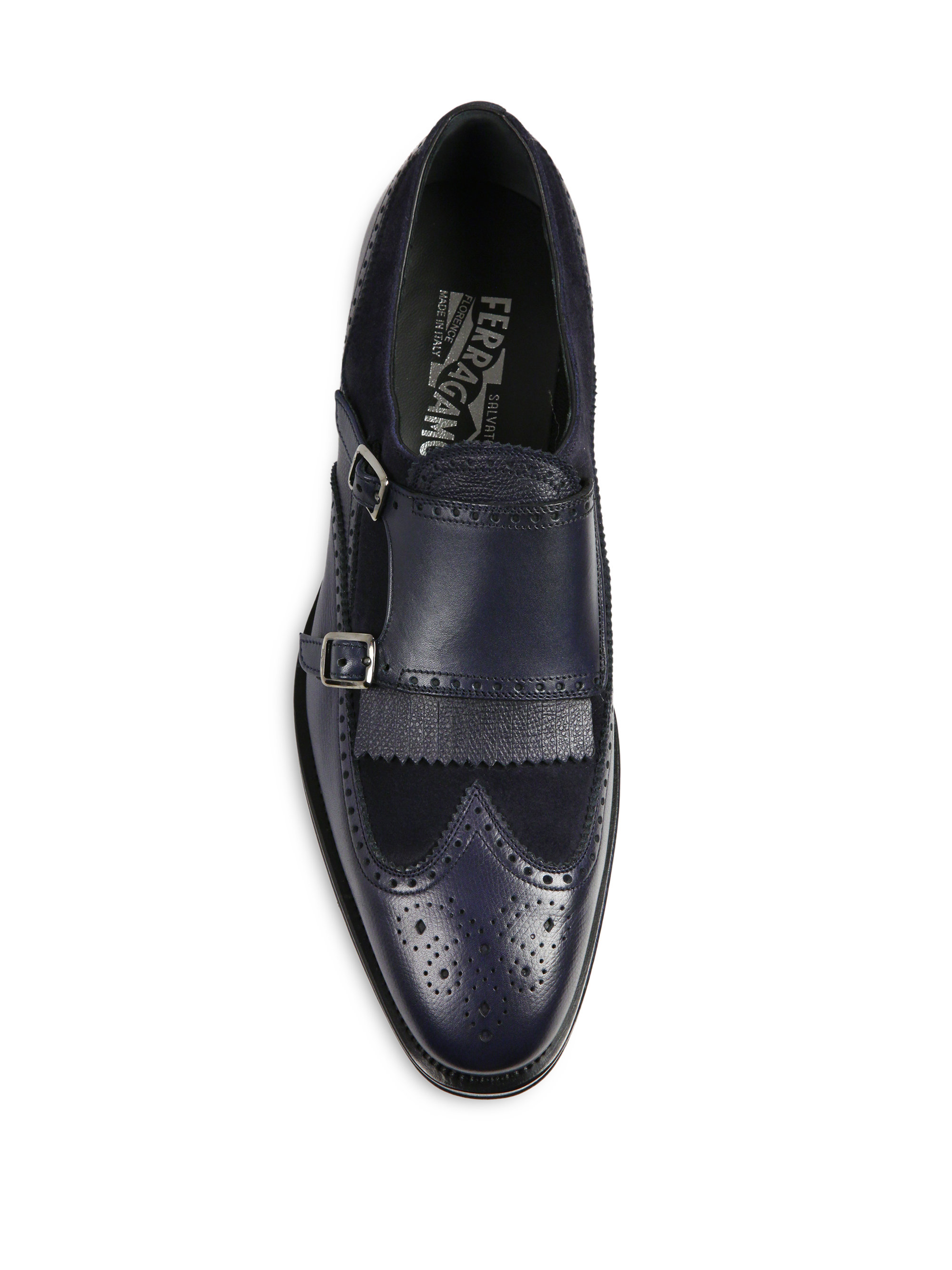 Ferragamo Marlin Leather Wingtip Double Monk-strap Shoes in Navy (Blue ...