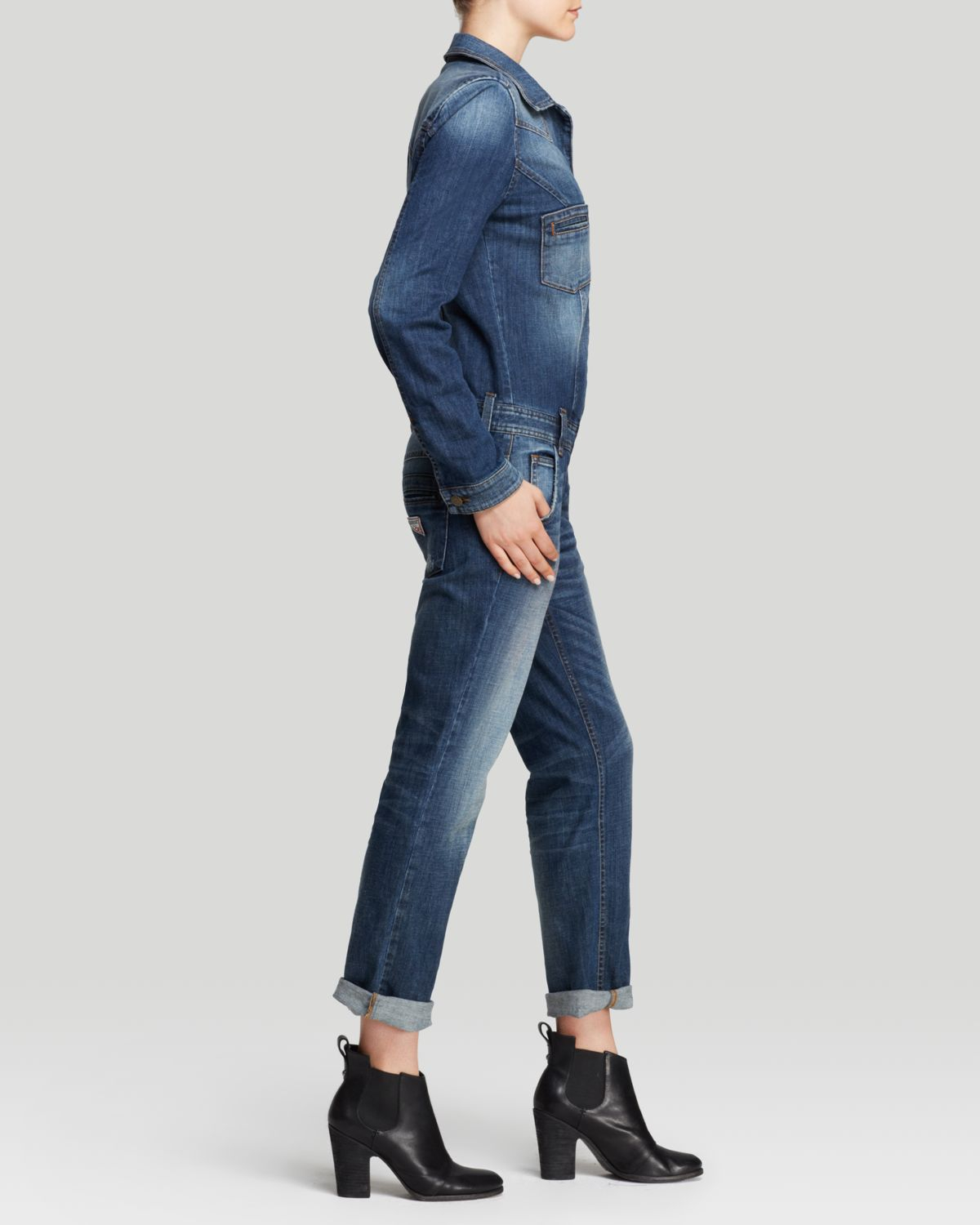 guess long sleeve denim jumpsuit