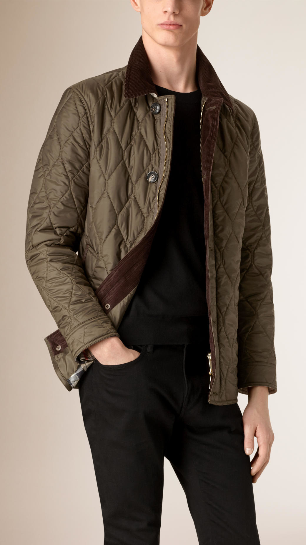 Burberry Check Detail Quilted Jacket With Corduroy Collar in Green for Men  | Lyst
