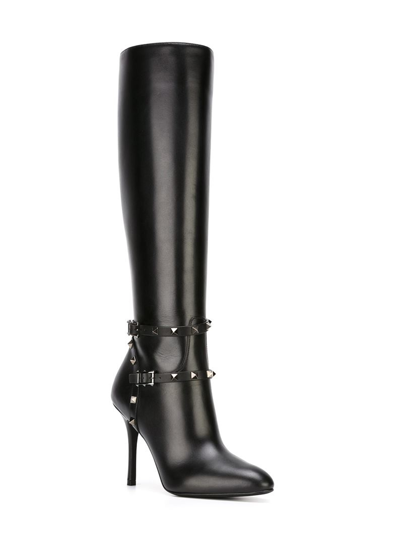 Lyst - Valentino Rockstud Leather Knee-High Boots in Black