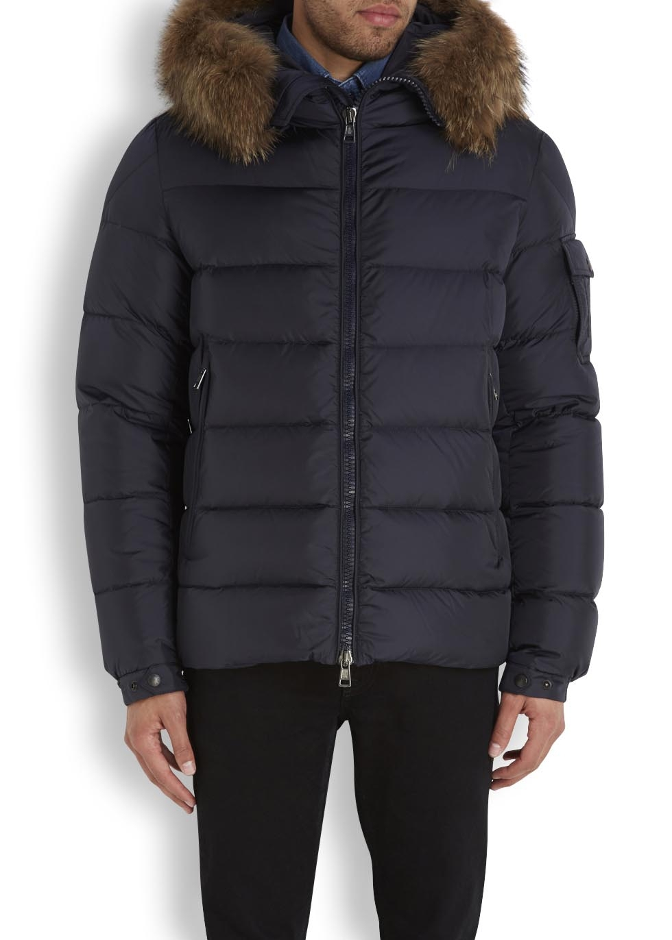 Moncler Navy Down Padded Byron Coat With Fur Trim Moncler Navy Down Padded Byron Coat With Fur Trim