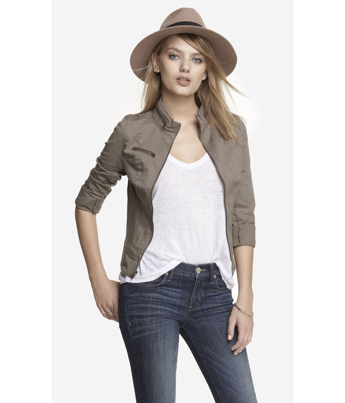 Express Seamed Twill Cuffed Sleeve Moto 