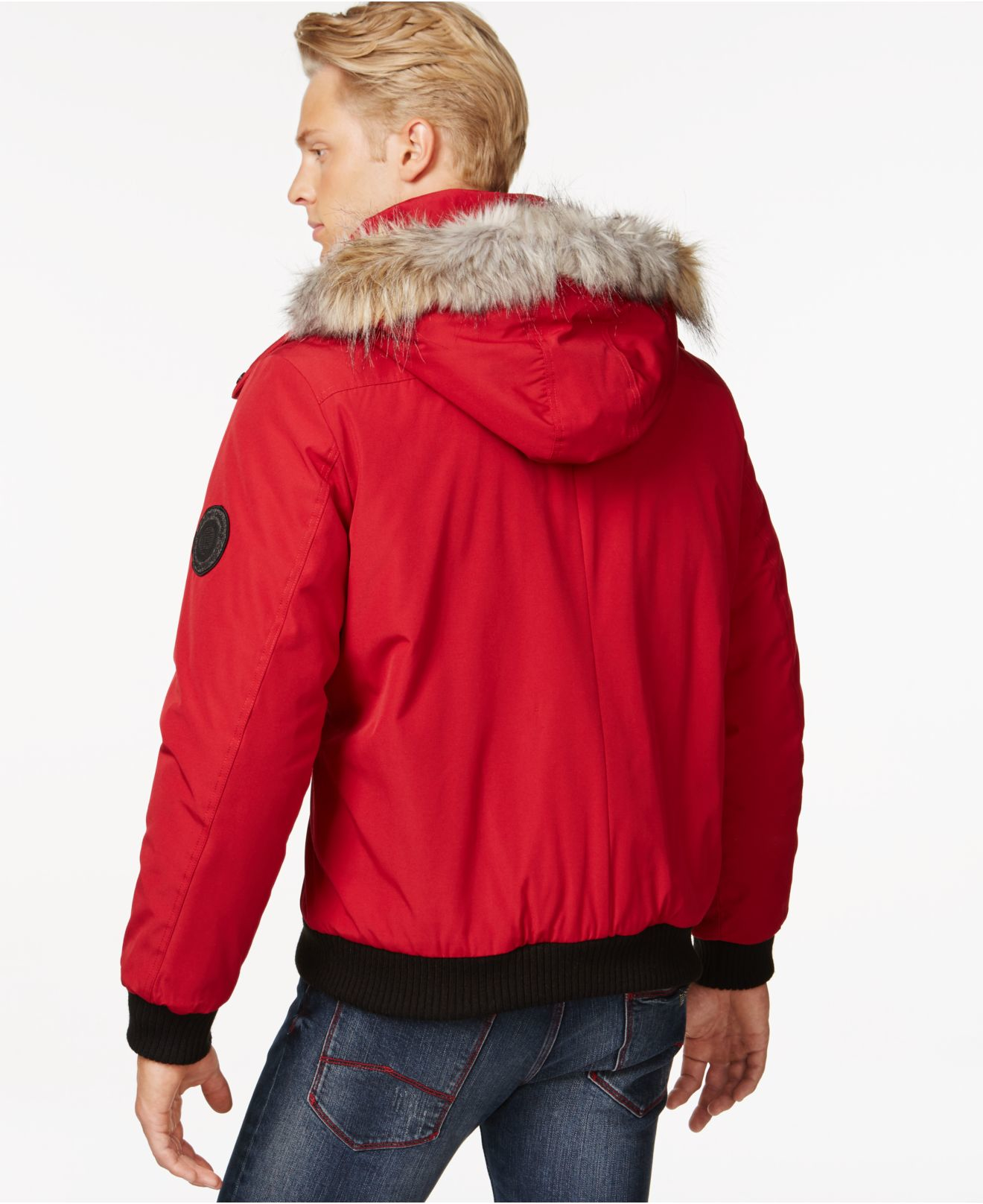 Calvin klein Bomber Jacket With Faux Fur Hood in Red for Men Lyst
