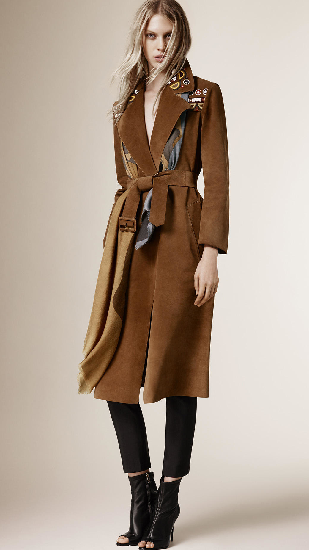 Burberry Embroidered Suede Trench Coat in Brown | Lyst