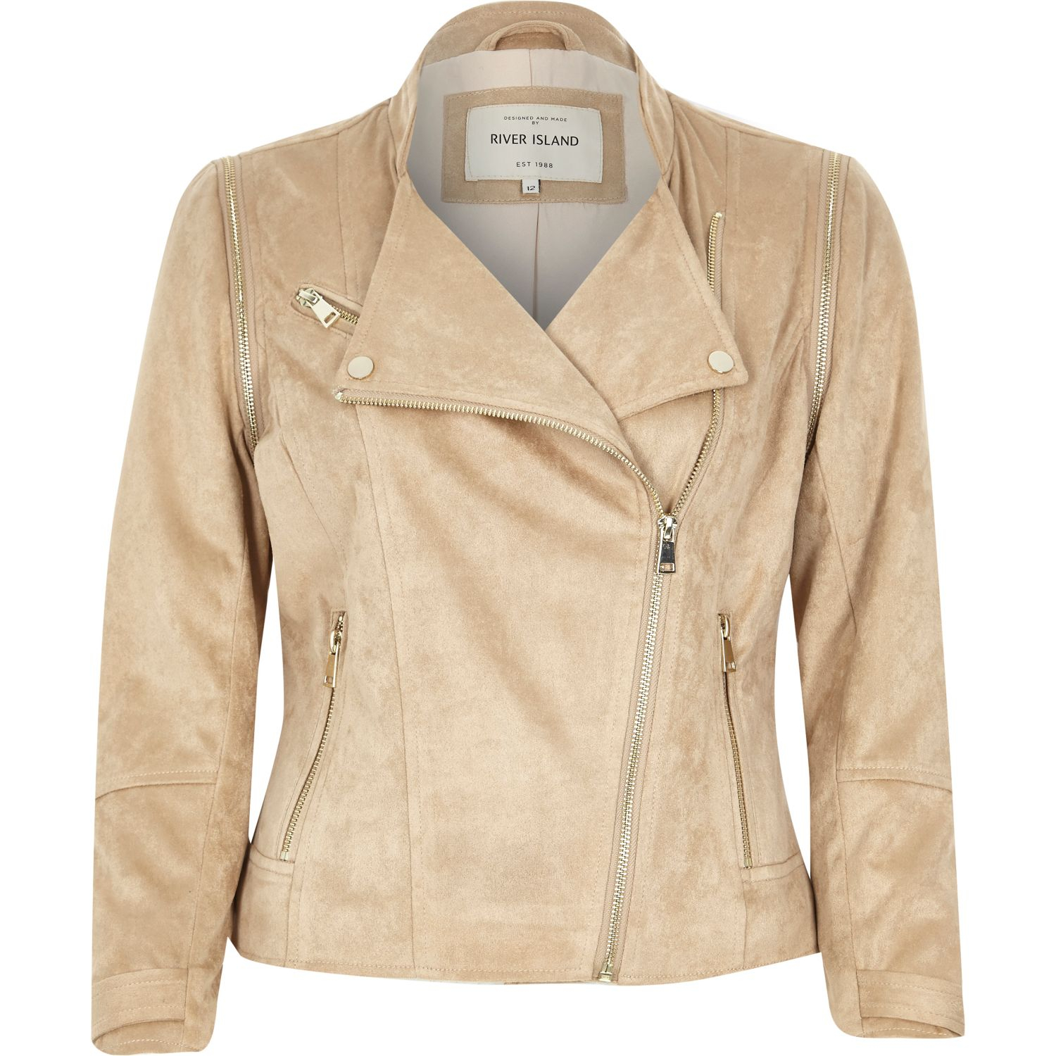 River Island Light Beige Faux Suede Biker Jacket in Cream (Natural) Lyst
