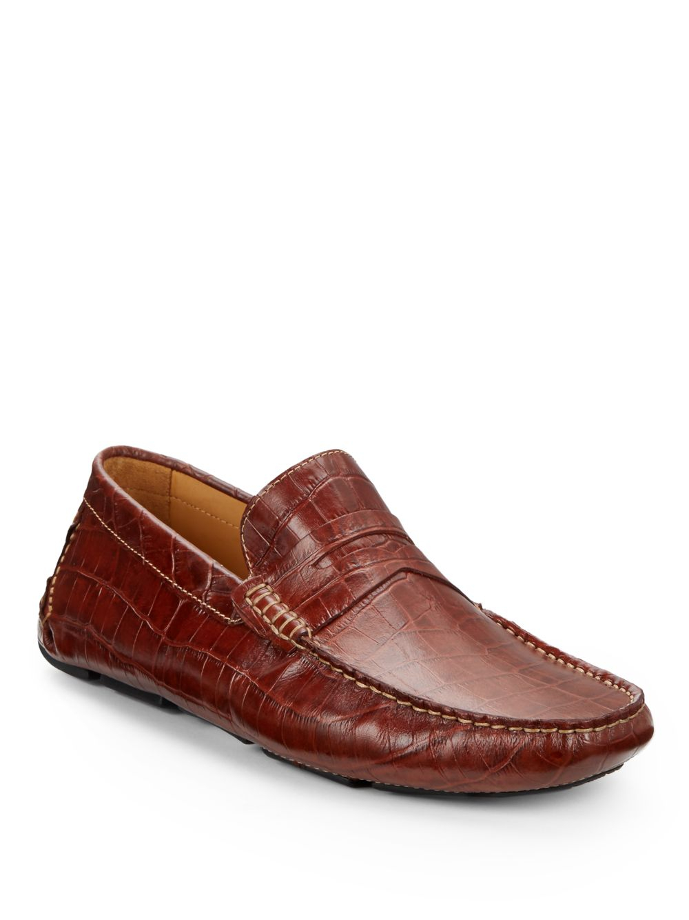 Saks fifth avenue Crocembossed Leather Penny Loafers in Brown for Men