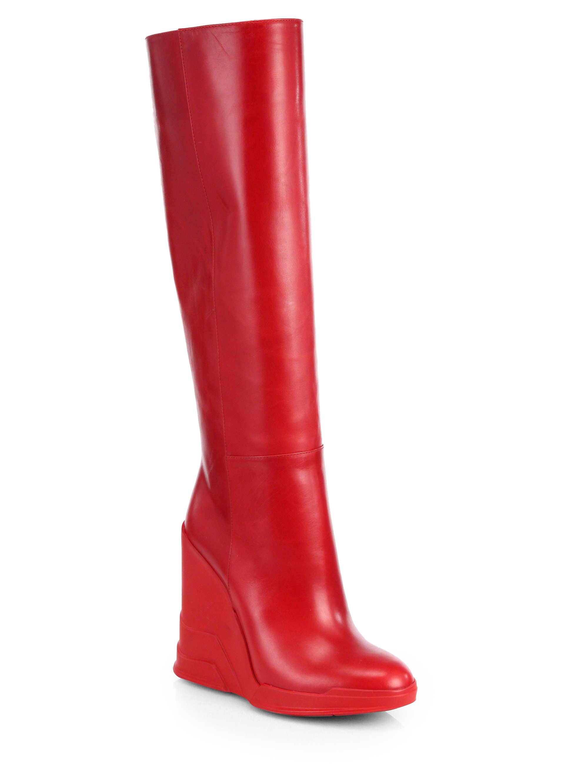 Prada Leather Knee-High Wedge Boots in Red | Lyst