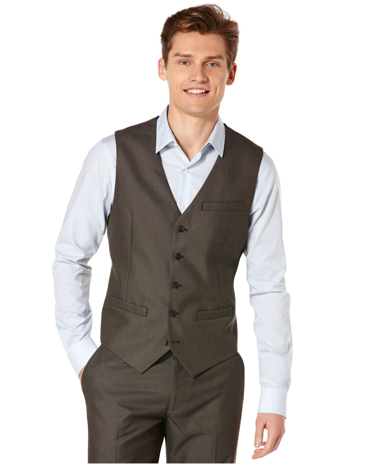 Lyst - Perry Ellis Solid Herringbone Vest in Brown for Men