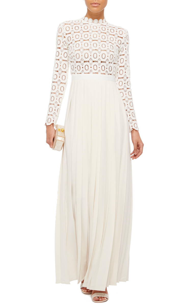 Self-Portrait Cotton Pleated Crochet Maxi Dress With Floral Bodice in ...