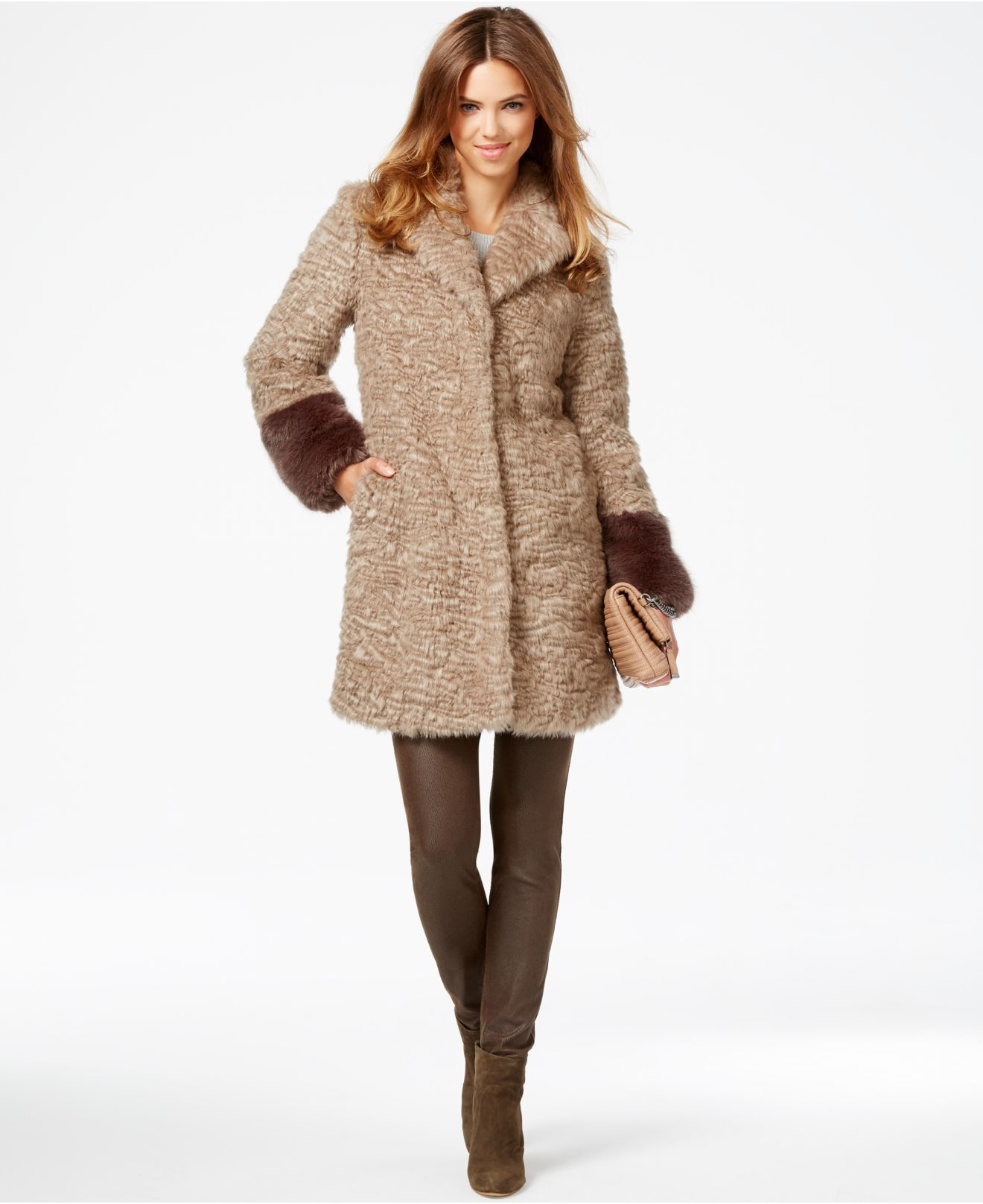 Laundry By Shelli Segal Colorblocked Faux Fur Coat In Natural Lyst