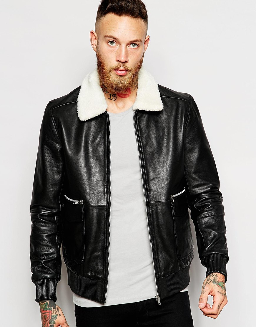 Noose and monkey Leather Jacket With Shearling Collar in Black for Men ...