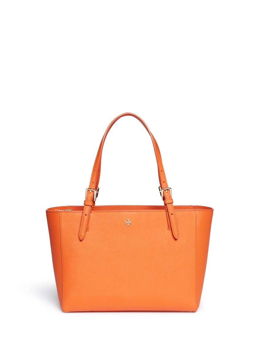Tory Burch 'york' Small Leather Buckle Tote in Orange | Lyst