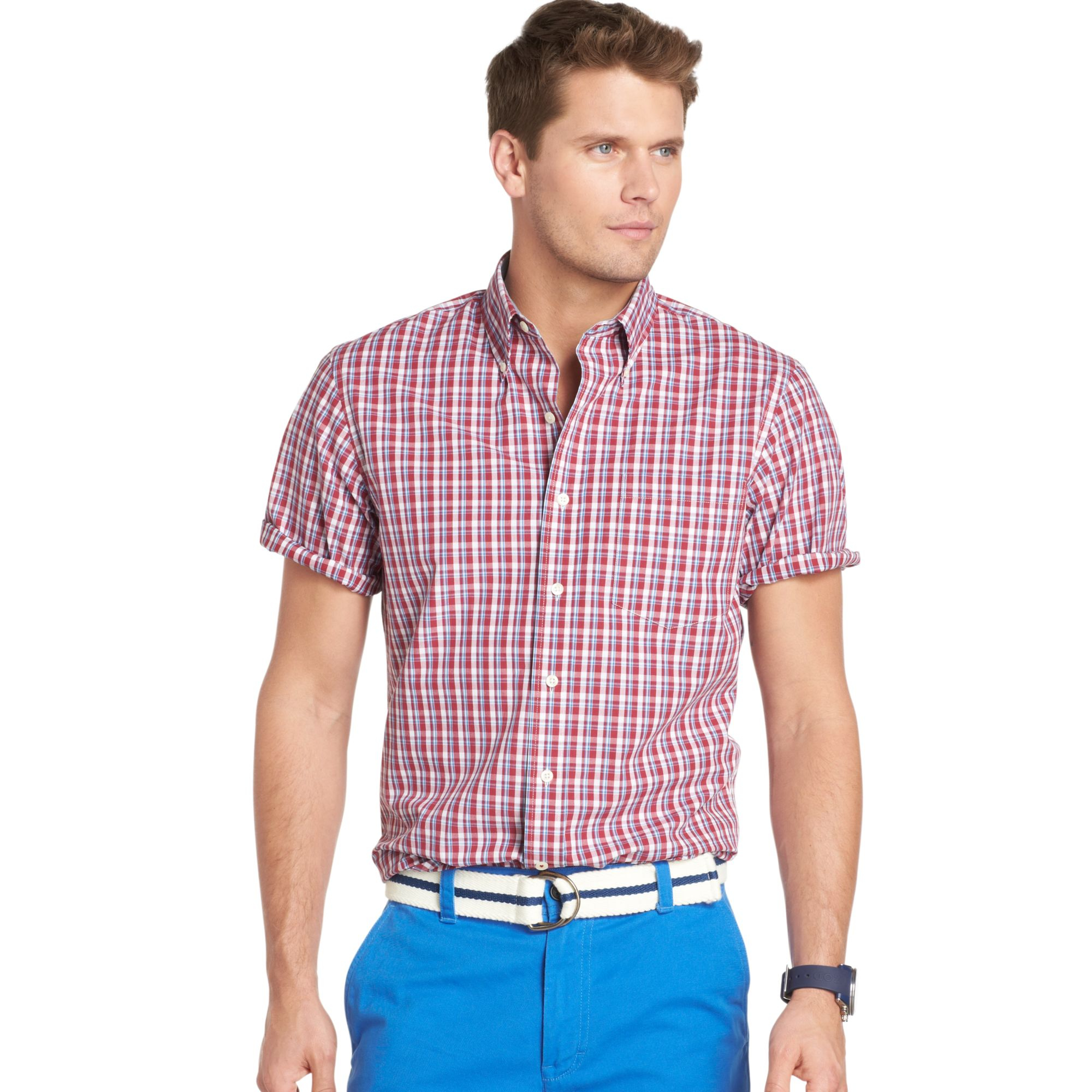 Izod Big and Tall Short Sleeve Saltwater Poplin Plaid Shirt in Red for ...