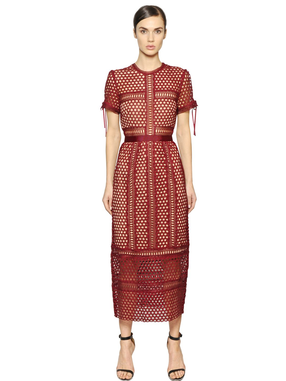 Self-Portrait Lace Column Midi Dress in Red | Lyst