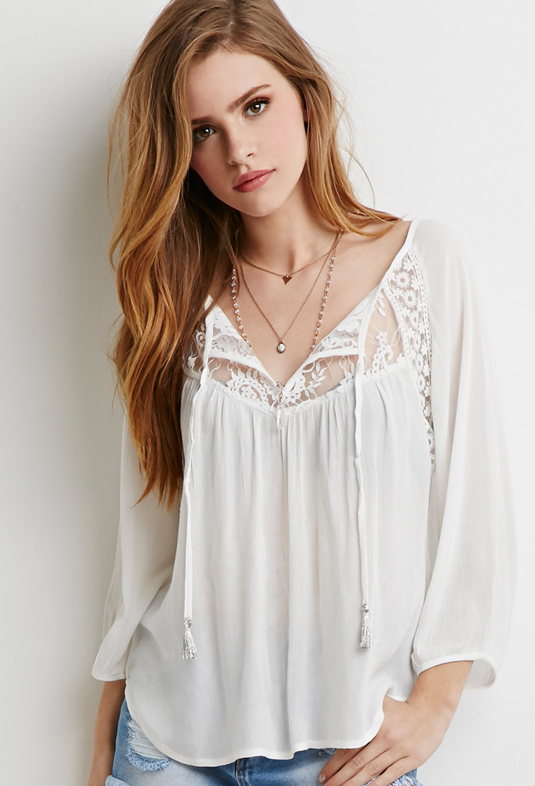 Forever 21 Embroidered Mesh-paneled Peasant Top You've Been Added To ...
