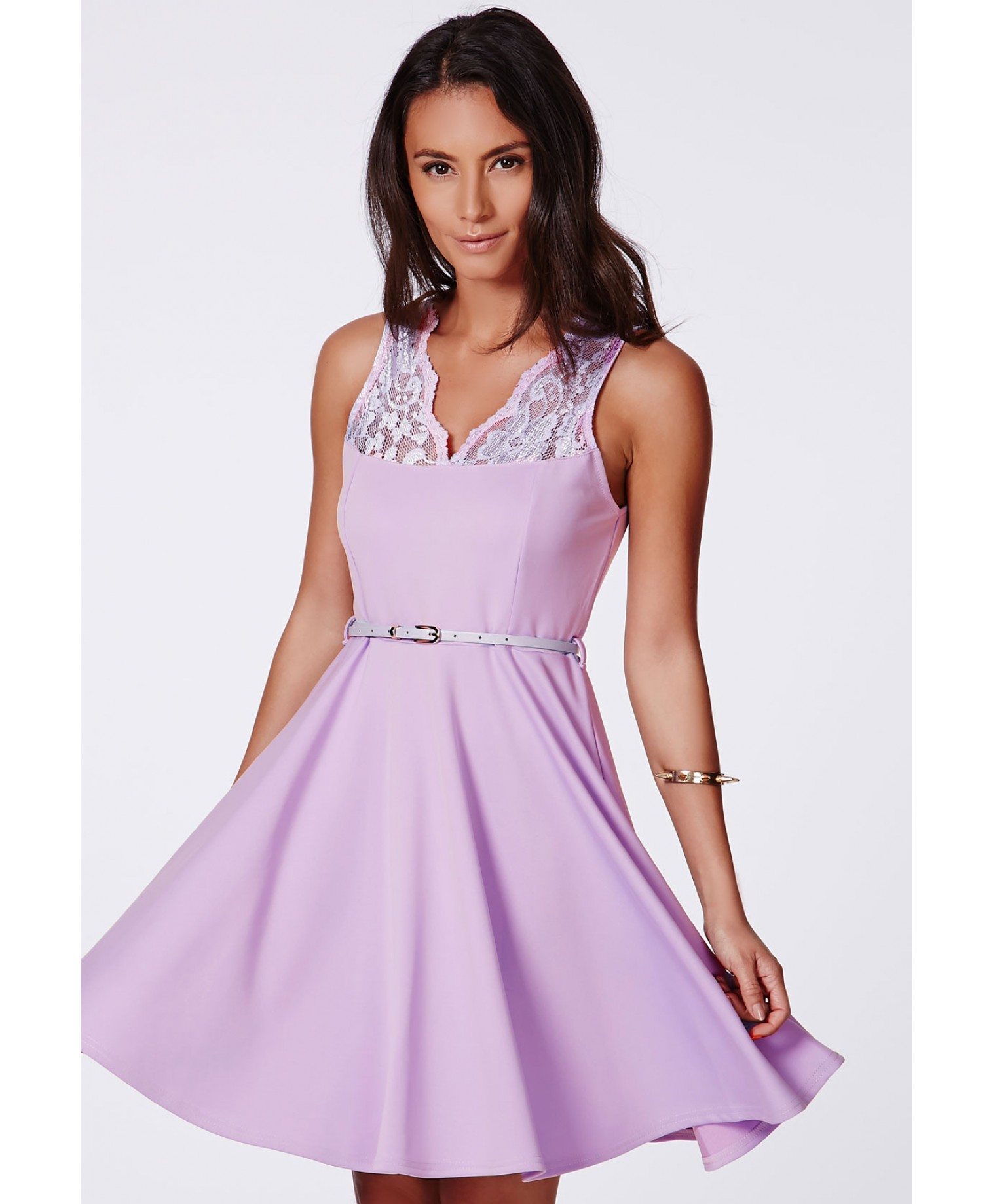 Missguided Asmita Lilac Lace Belted Skater Dress in Purple (lilac) | Lyst