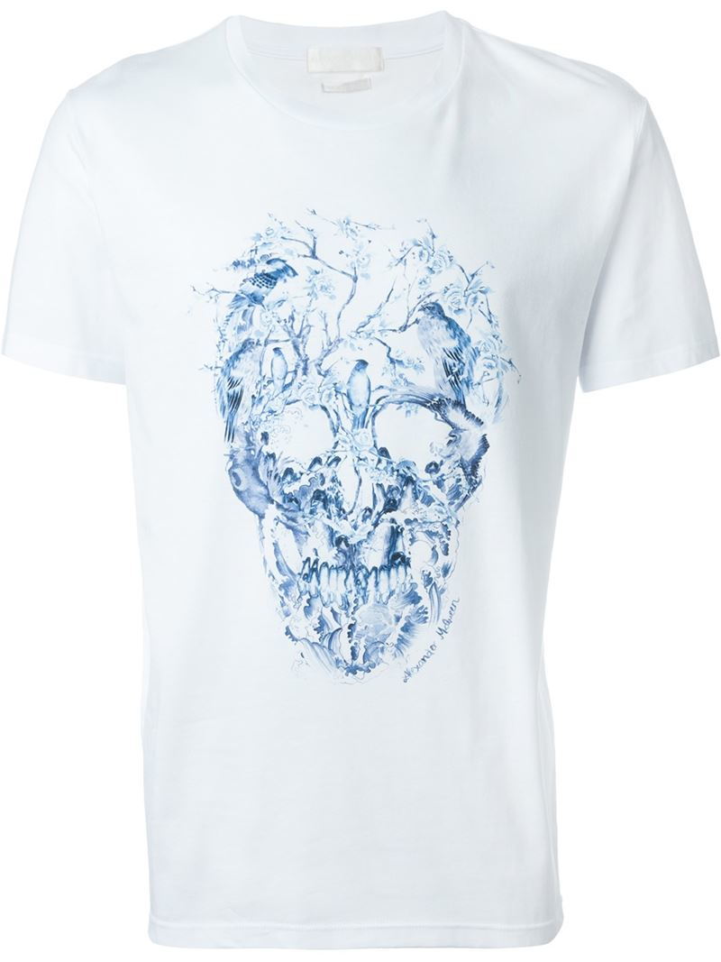 Alexander McQueen Cotton Foliage And Bird Skull T-shirt in White 