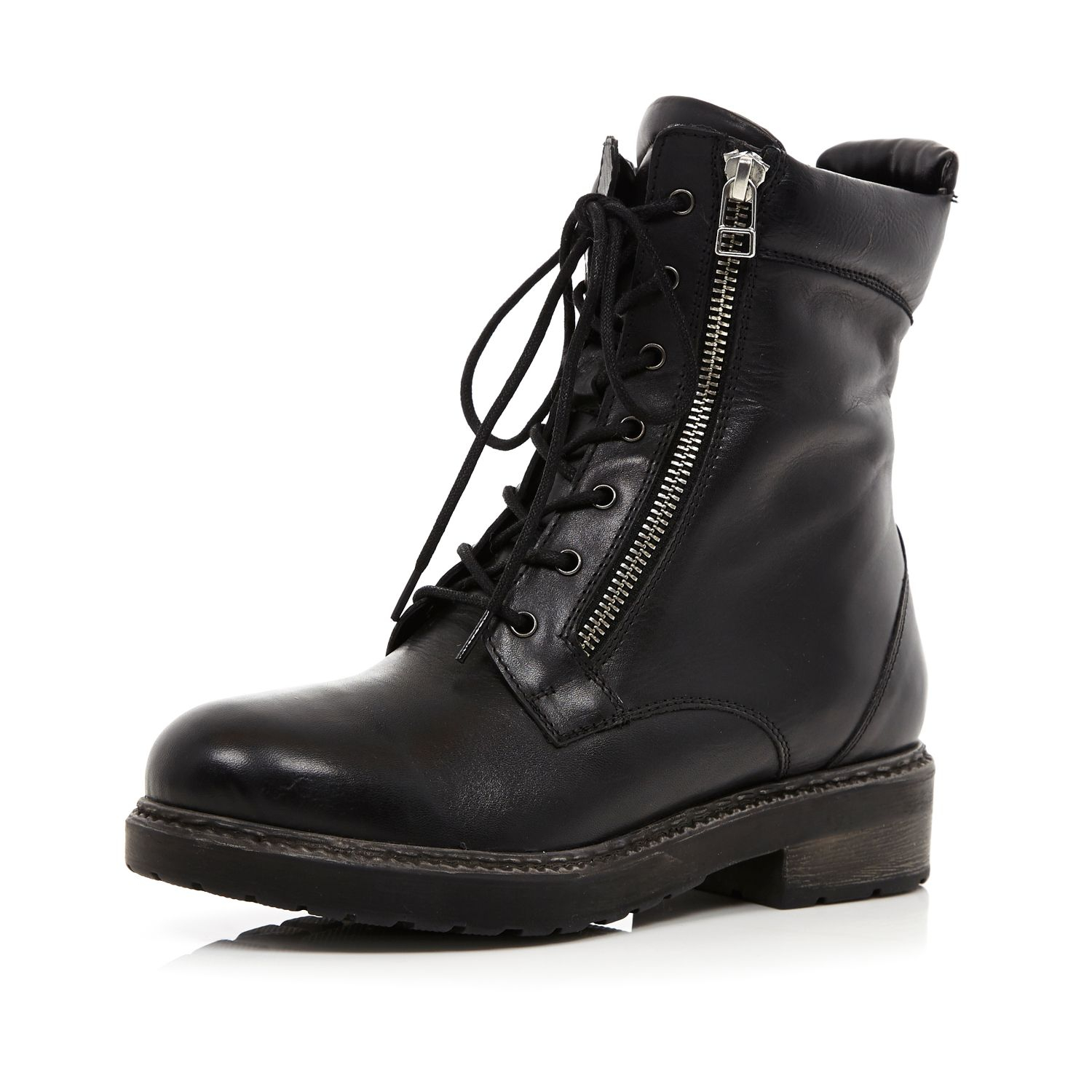 River Island Black Lace Up Biker Boots in Black | Lyst