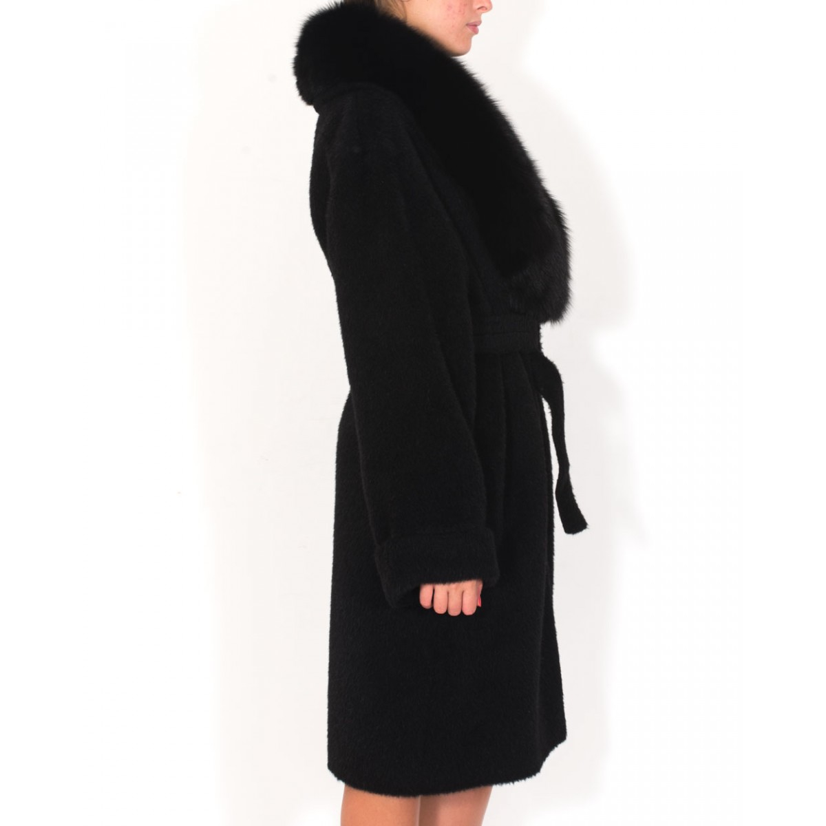 Moschino Black Coat In Virgin Wool And Mohair Collar Fox in Black | Lyst