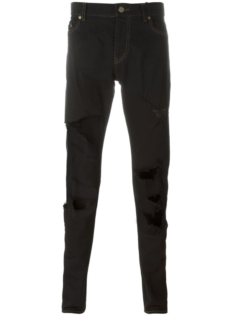 Saint laurent Ripped Slim Fit Jeans in Black for Men | Lyst