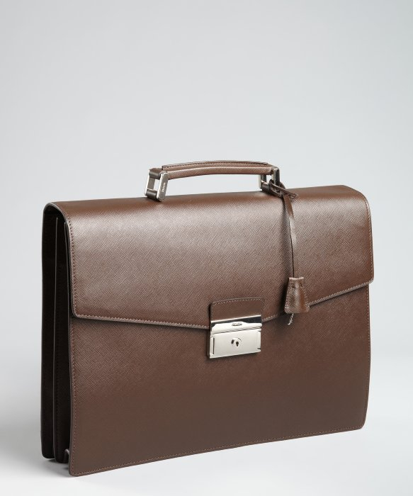 Prada Dark Brown Saffiano Calfskin Leather Cartella Briefcase in ...  