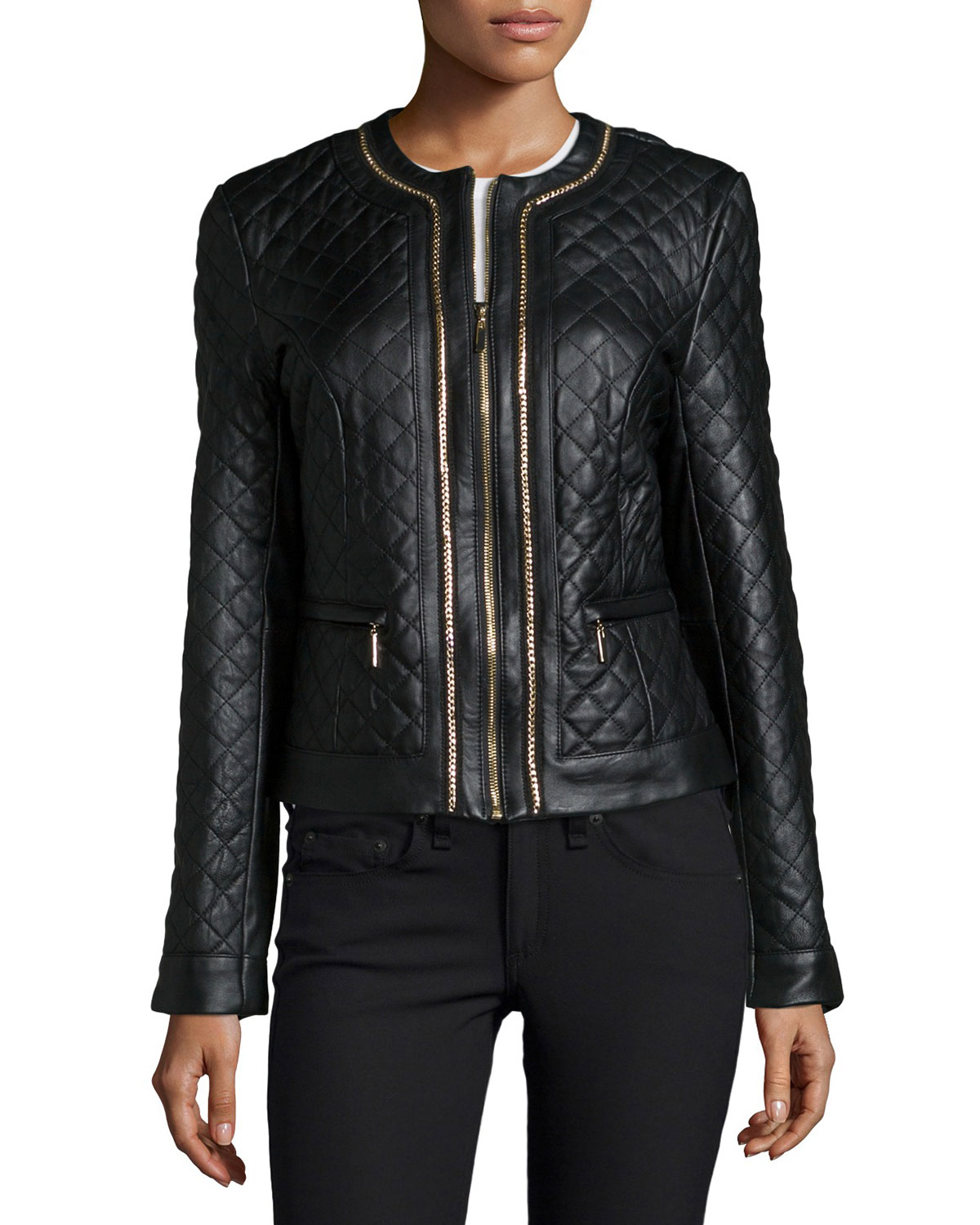 Neiman Marcus Quilted Leather Jacket W Chain Trim In Black Lyst Gallery