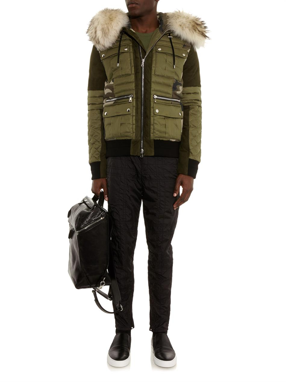 Balmain Fur-trim Camouflage-print Quilted Jacket in Green for Men - Lyst