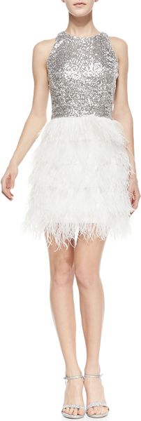 Milly Sophia Sequin & Feather Sleeveless Dress in Silver (PLATINUM ...
