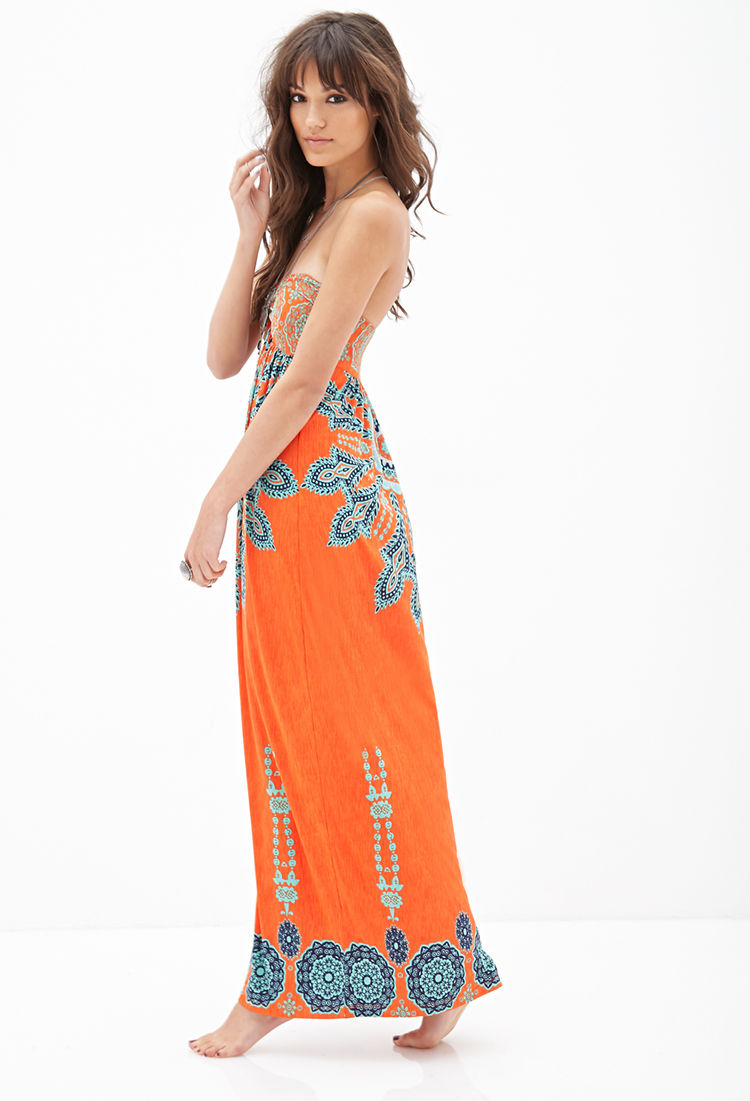 forever 21 strapless printed maxi dress in orange lyst forever 21 strapless printed maxi dress in orange lyst