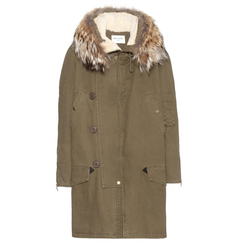 Saint Laurent Cotton Parka With FurTrimmed Hood in Khaki (Natural) Lyst