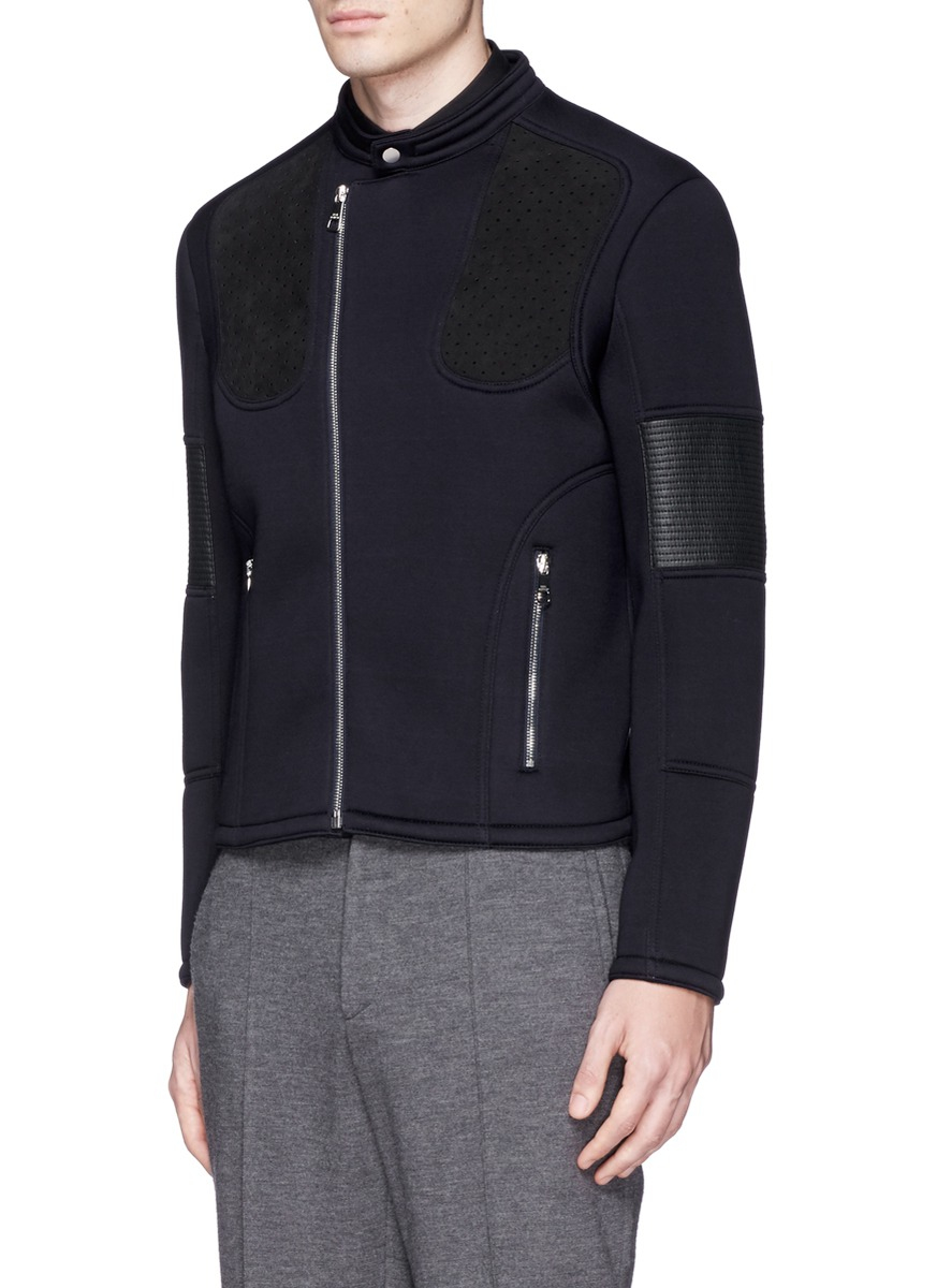 Lyst Neil Barrett Leather Patch Bonded Jersey Biker Jacket In Blue Gallery