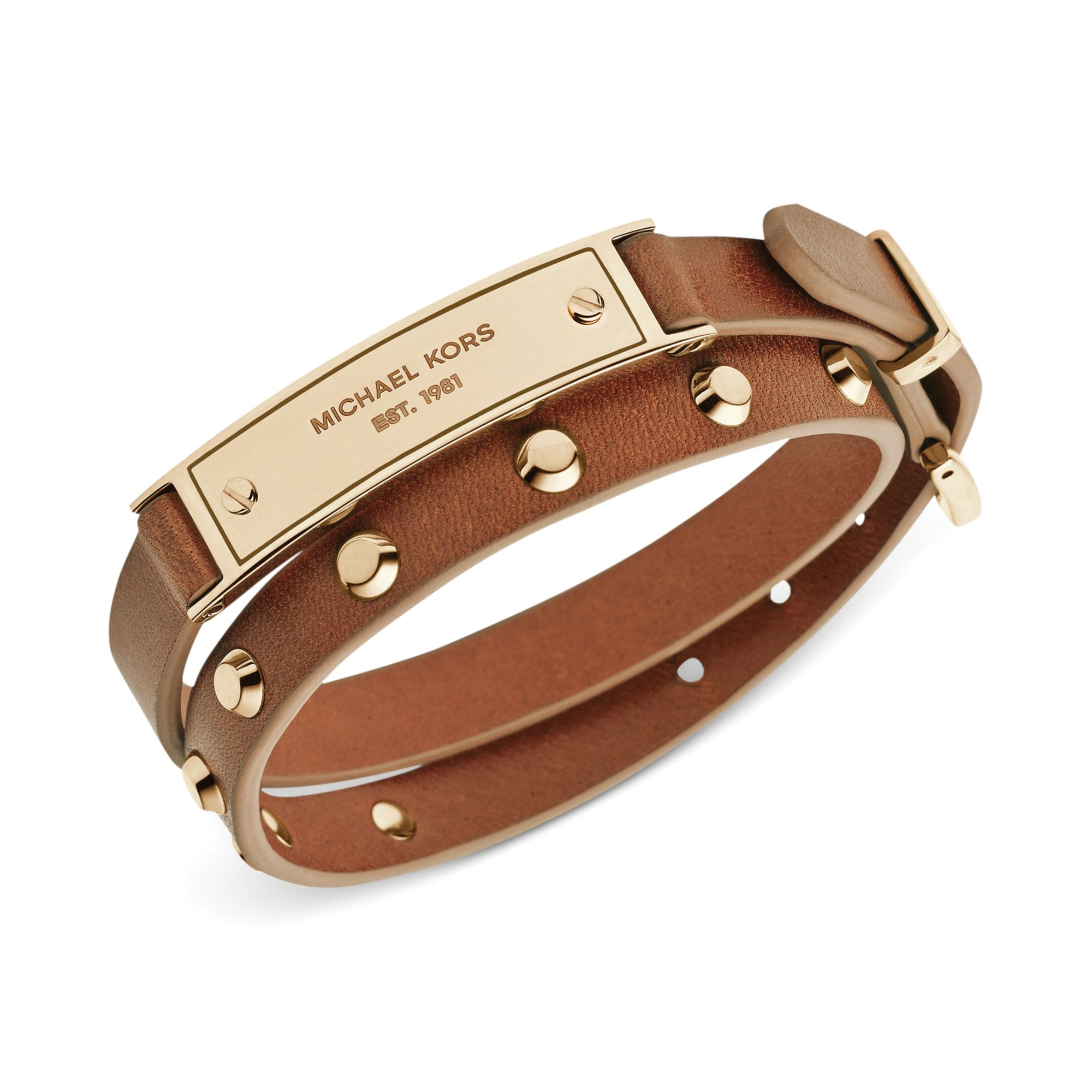 Lyst Michael Kors Goldtone Stud And Plaque Luggage Leather Wrap Gallery