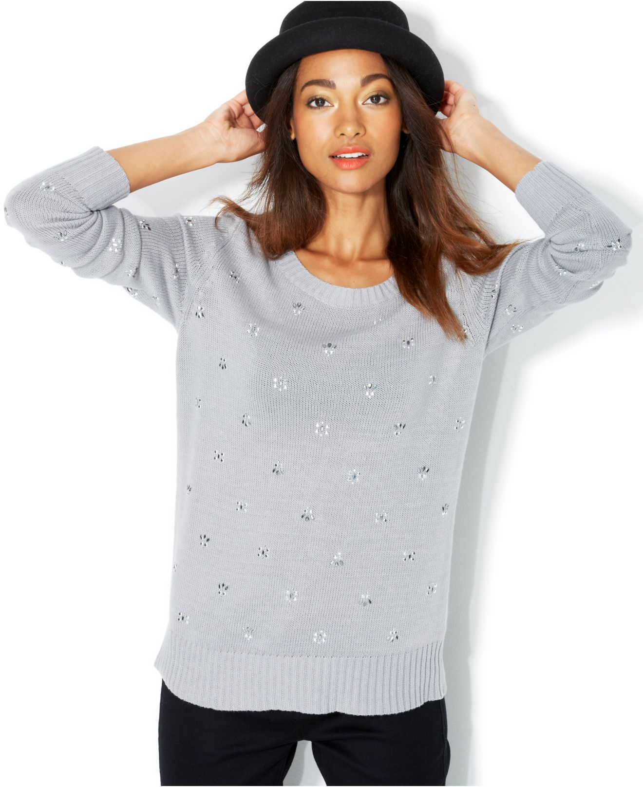 Lyst Maison Jules RhinestoneEmbellished CrewNeck Sweater in Gray