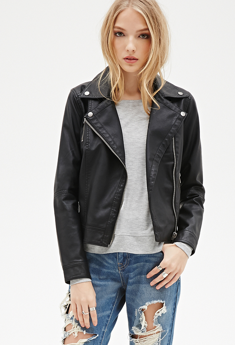Forever 21 Black Zippered Faux Leather Moto Jacket