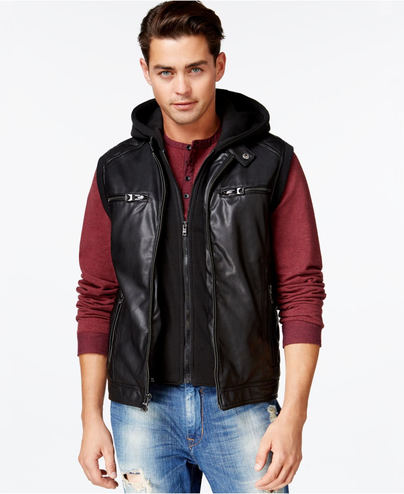 Guess Quilted Faux-leather Hooded Vest In Black For Men