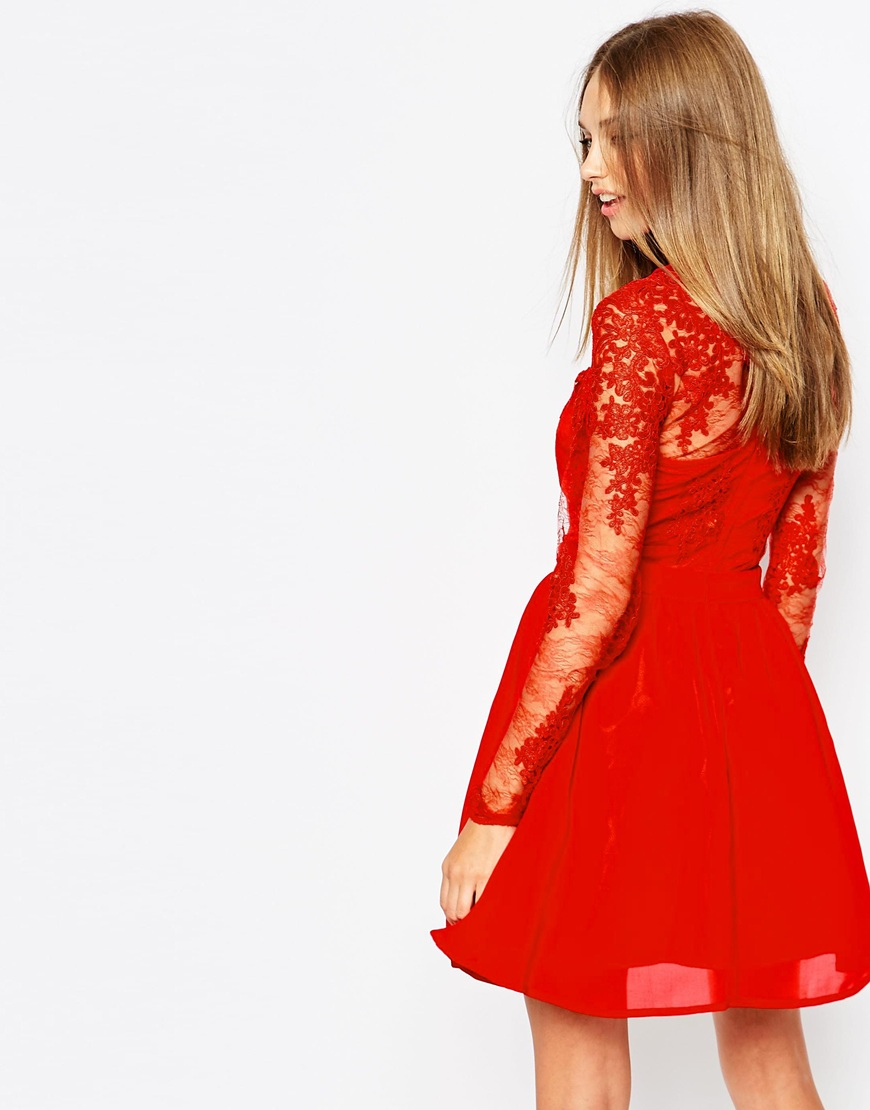 BNWT MISSGUIDED Long Sleeve Red Lace Plunge Skater/Party Dress - Size – The  Bowerbird Collective