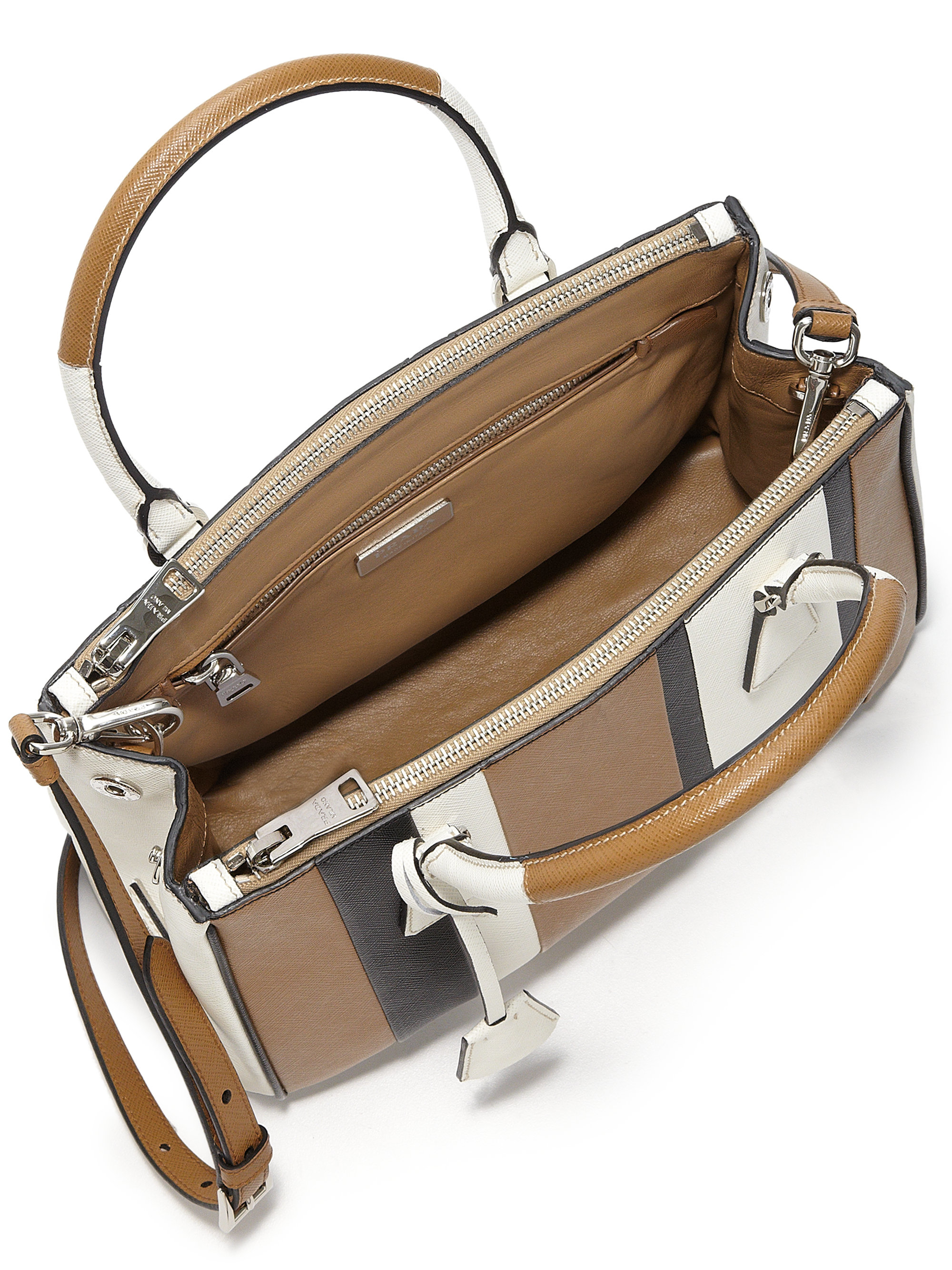 Prada Saffiano Lux Small Baiadera Double Zip Tote in Brown ...