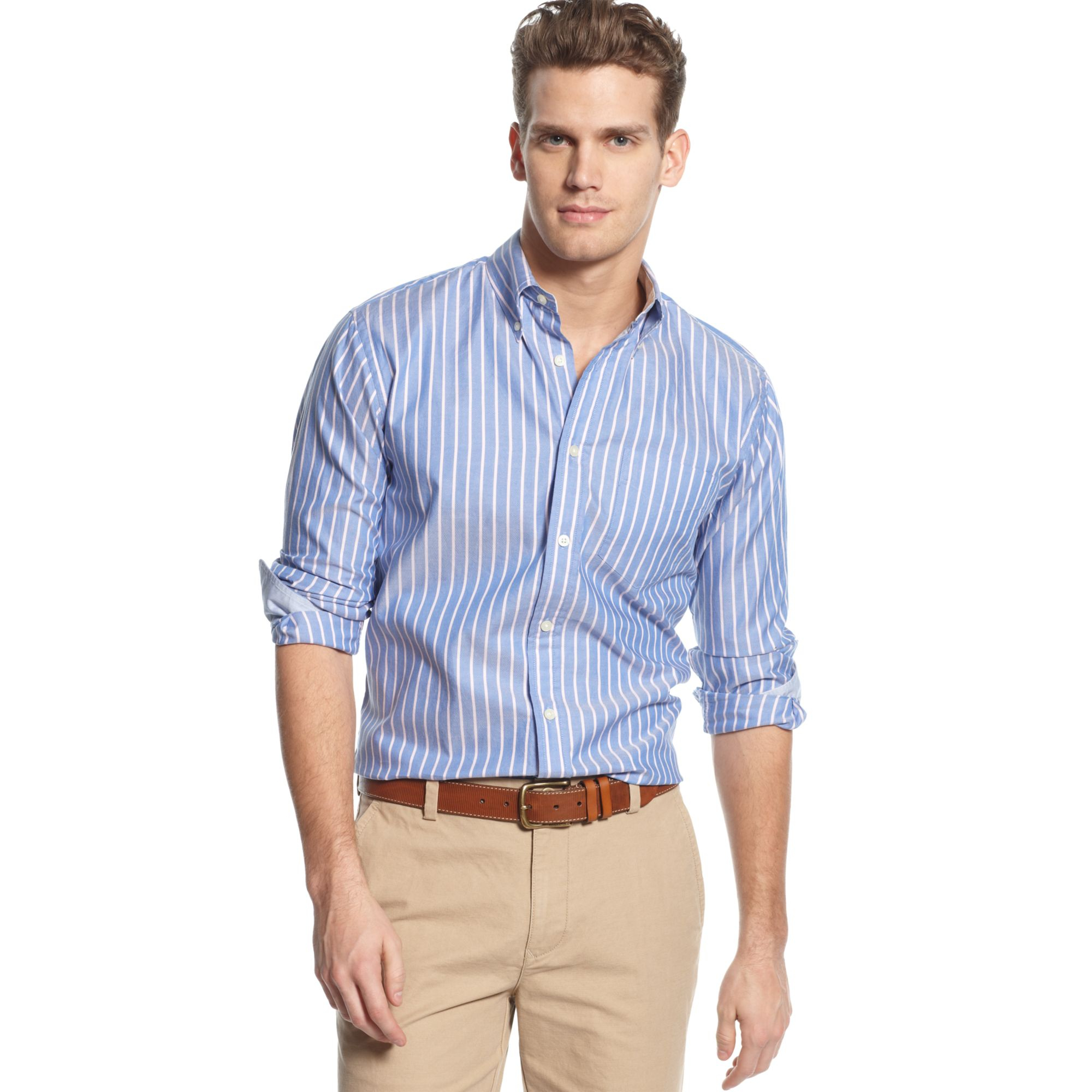 blue striped shirt mens outfit