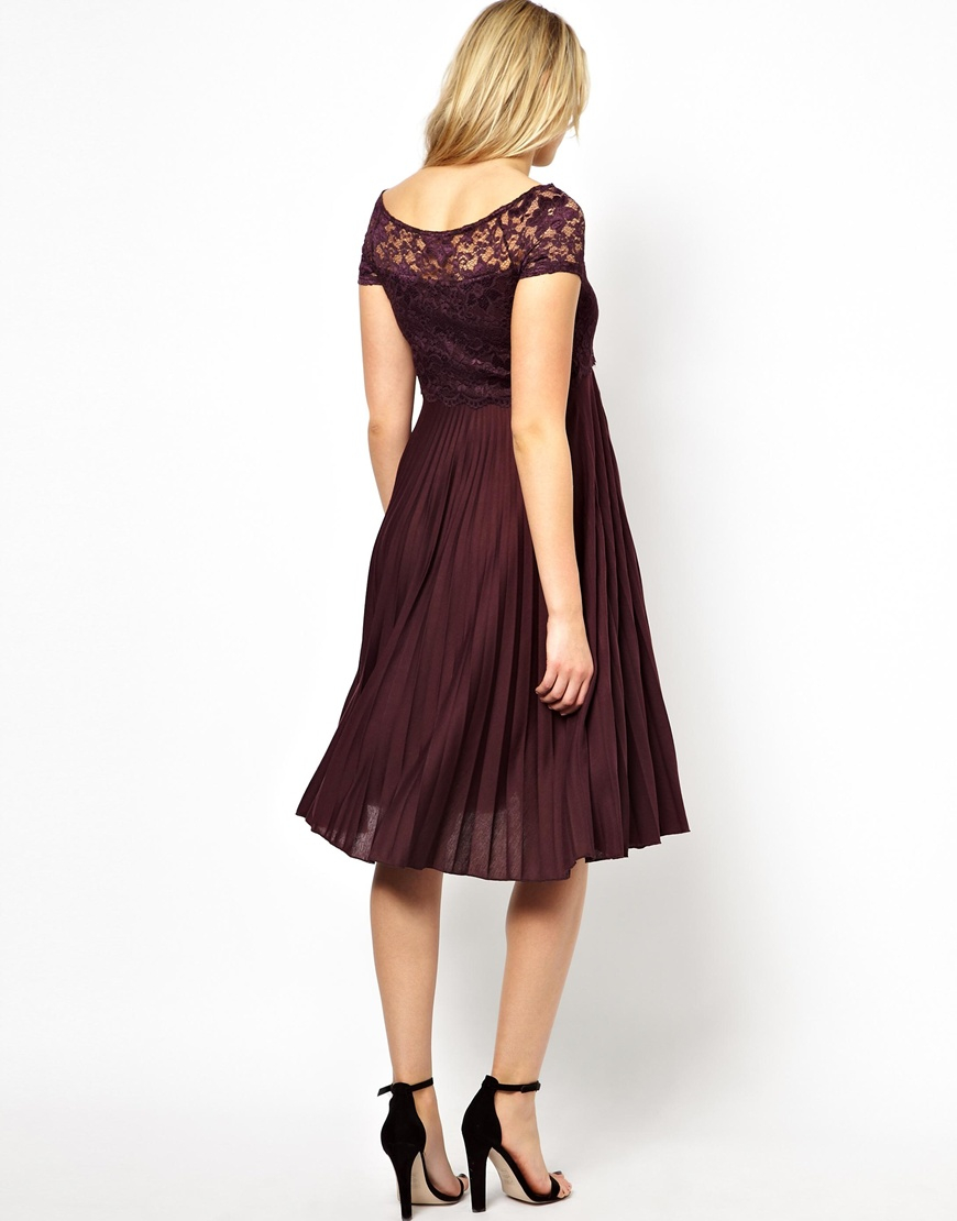 ASOS Pleated Midi Dress With Lace Top in Purple - Lyst