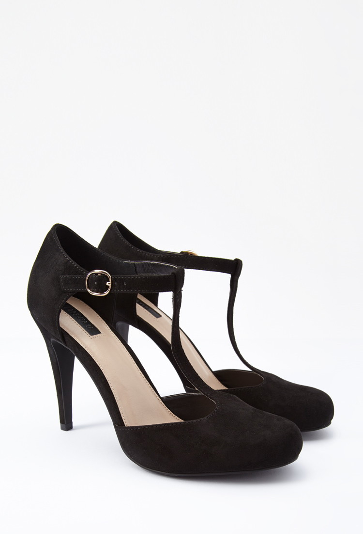 black suede t strap pumps