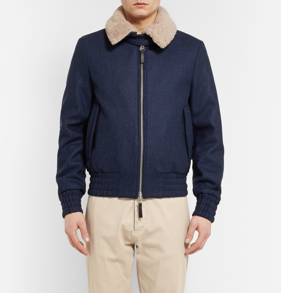 AMI ShearlingCollar WoolBlend Bomber Jacket in Blue for Men Lyst