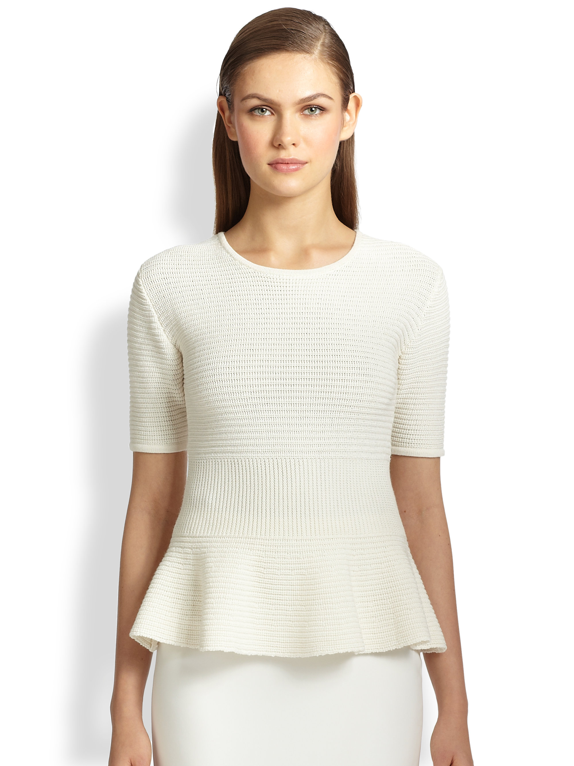 St. john Peplum Knit Sweater in White | Lyst