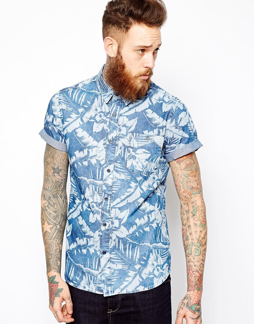 Lyst - Asos Acid Wash Denim Shirt in Short Sleeve with Floral Print in ...