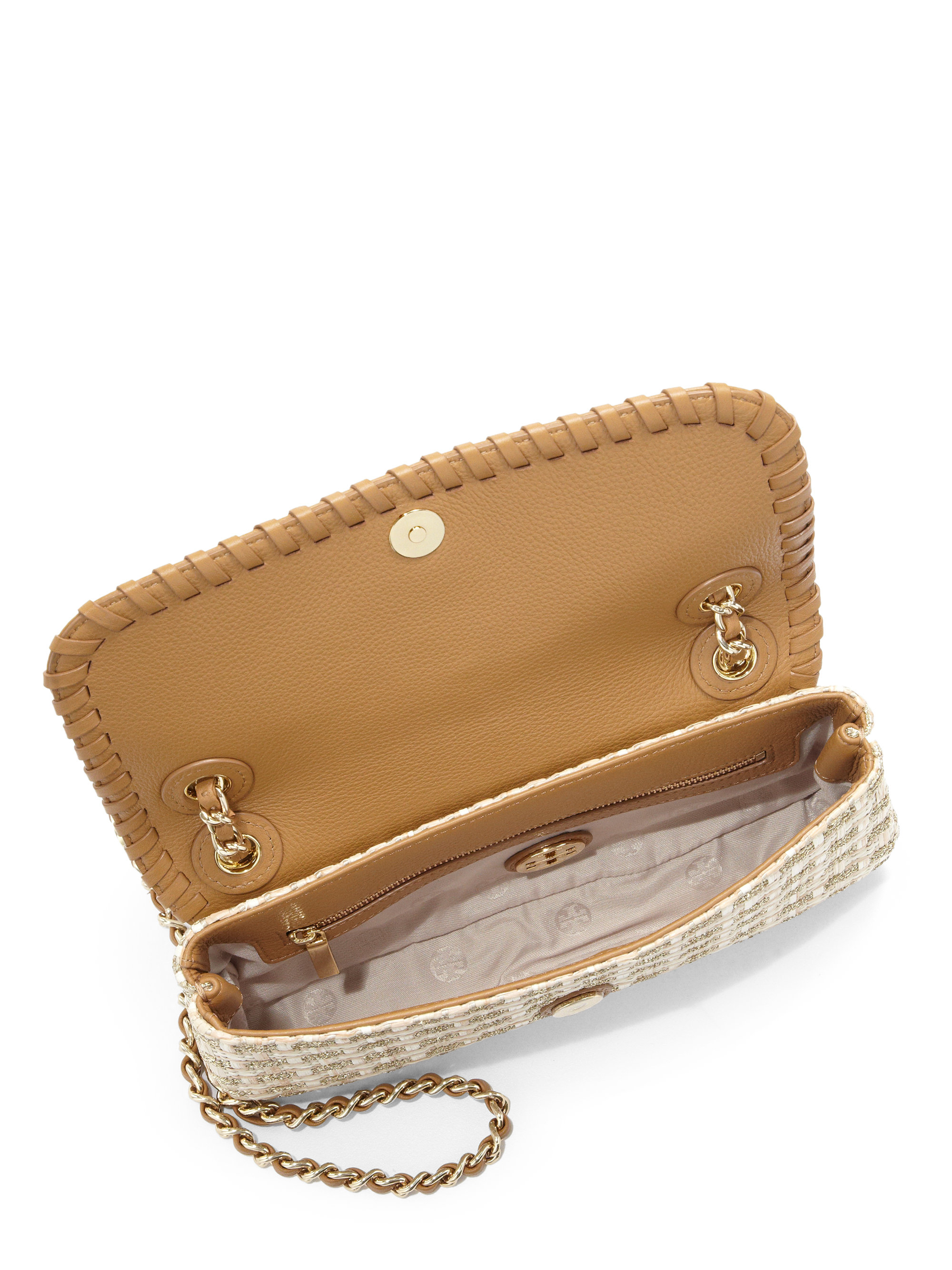 Tory Burch Marion Woven Leather & Straw Shoulder Bag in TanGold