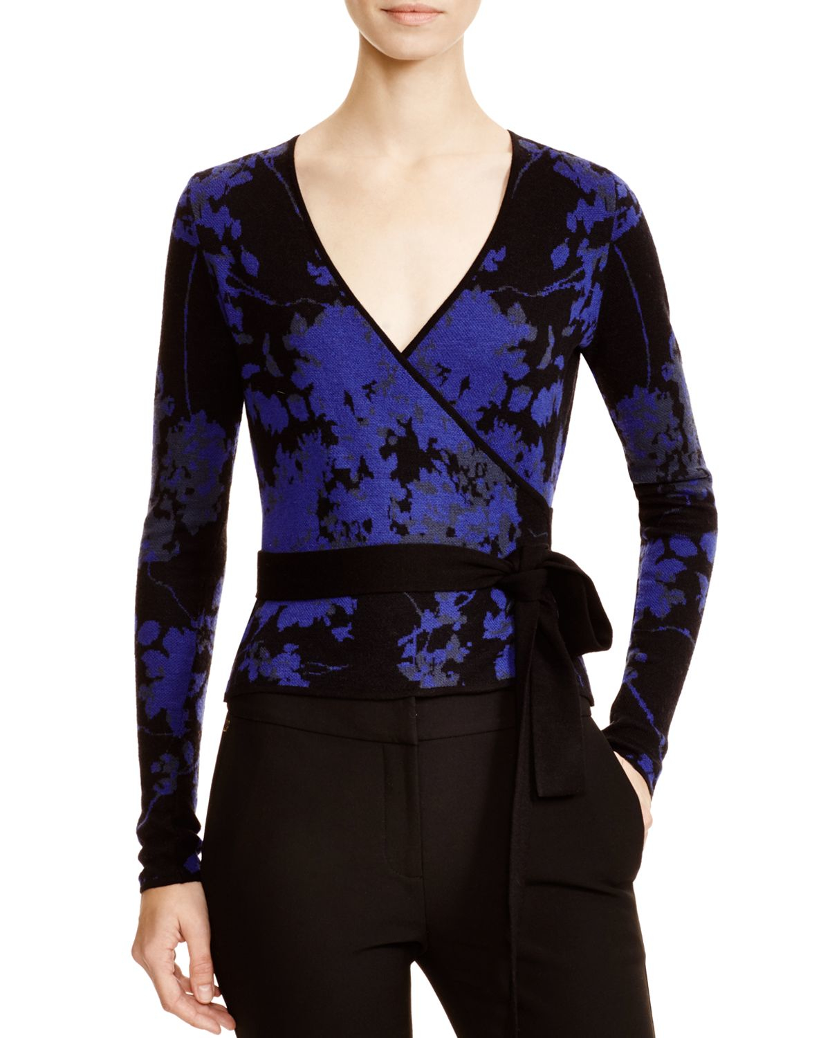 Diane von furstenberg Kyla Floral Jacquard Wrap Sweater in Black ...